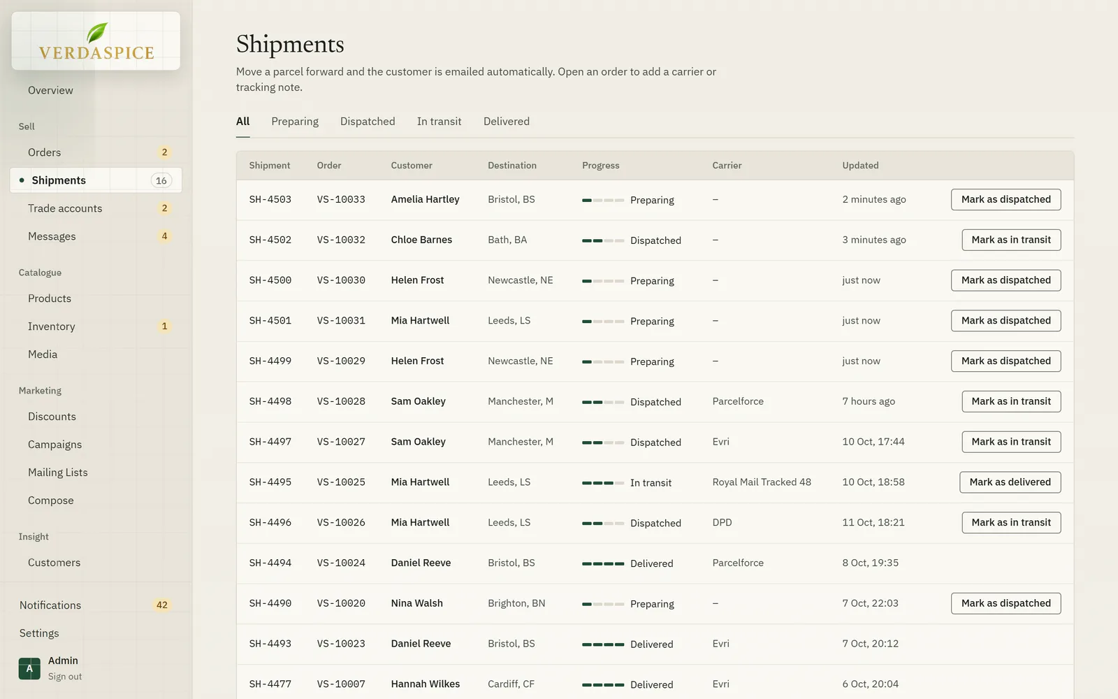 The shipments list with status tabs and a button to move each parcel to its next step.