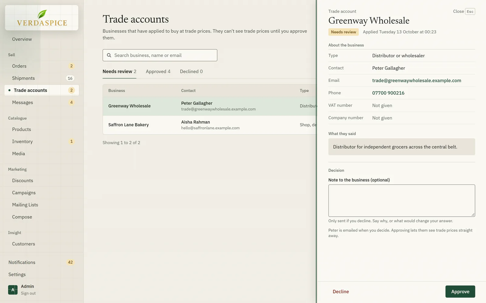 The trade accounts queue with an application open, showing the business’s details and Approve and Decline buttons.
