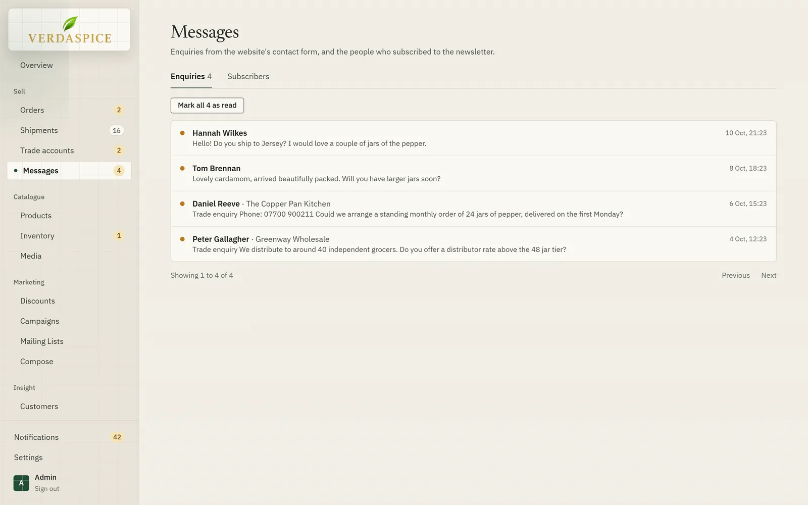 The messages inbox listing enquiries from the website’s contact forms.