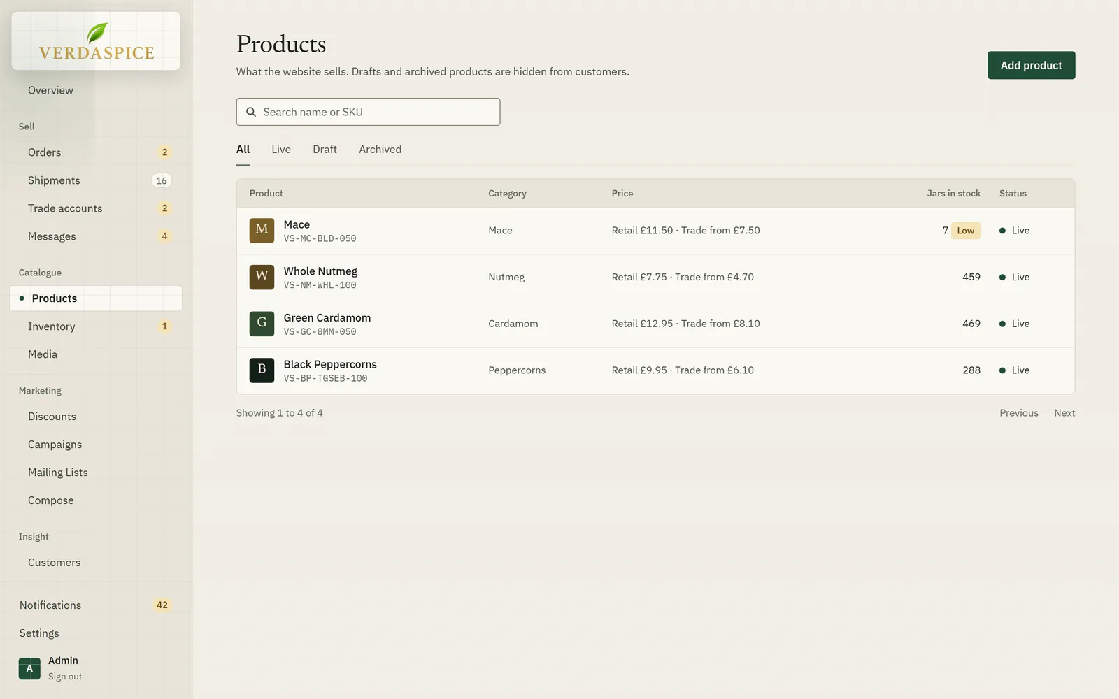 The products list showing each spice’s price range, stock and live status.