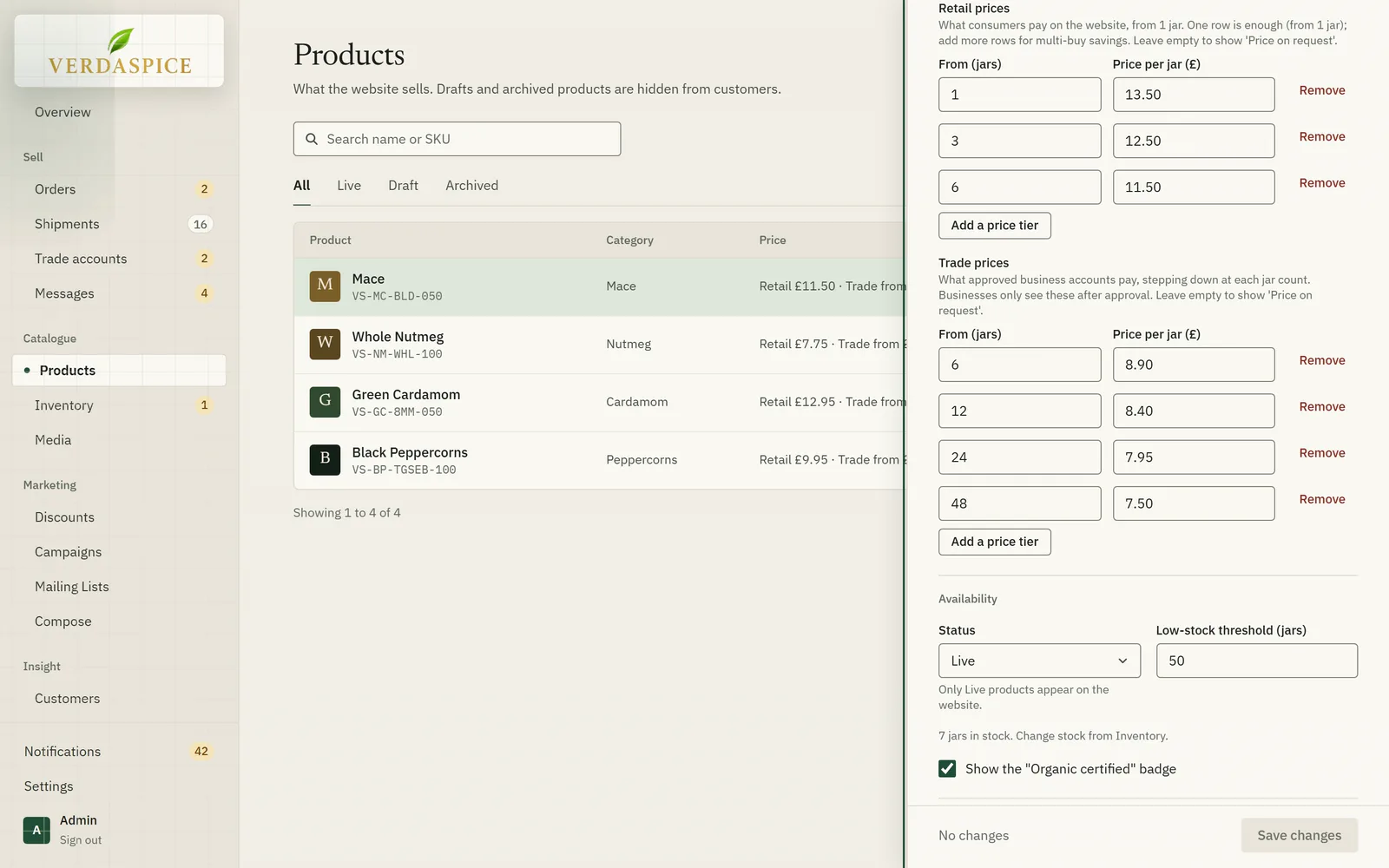 The product editor with a retail price ladder and a separate trade price ladder.
