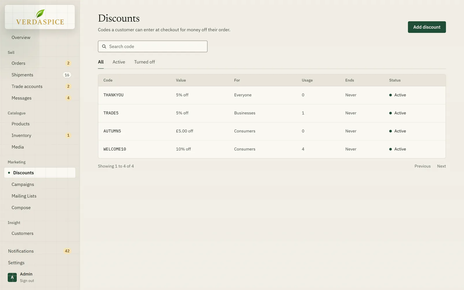 The discounts list showing each code’s value, who it is for, its usage and status.