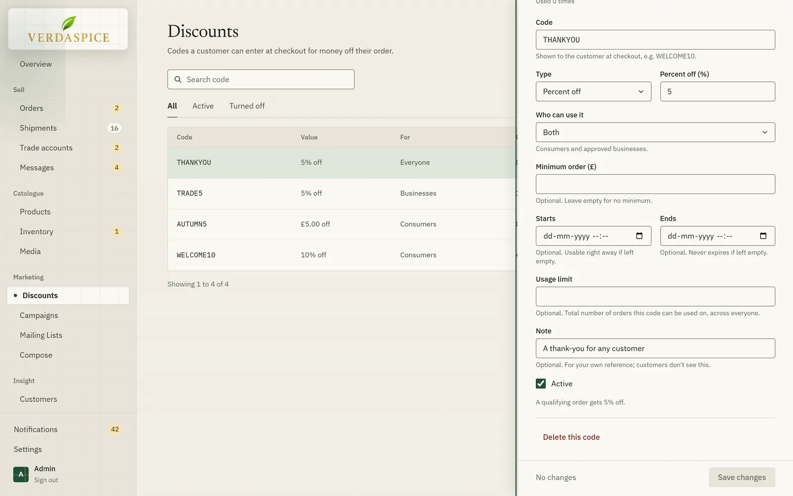 The discount editor with fields for type, audience, minimum order, dates and usage limit.