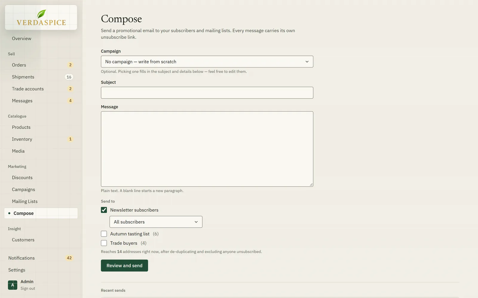 The compose screen with a subject, message, audience choices and a Review and send button.