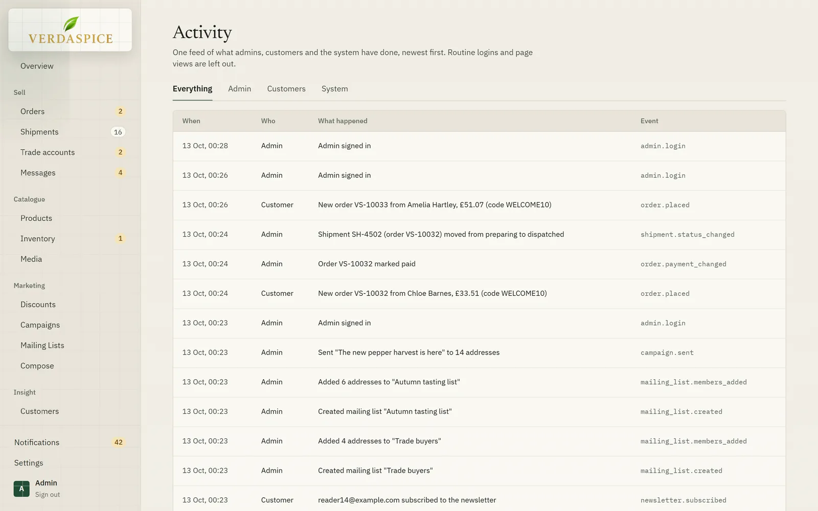 The activity log listing admin, customer and system events with times.