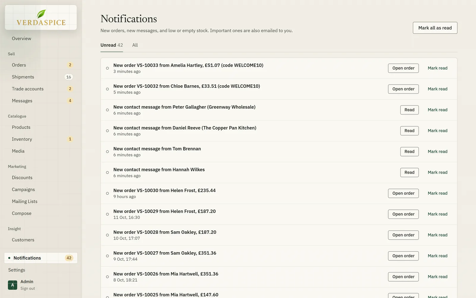 The notifications list with new orders and contact messages.