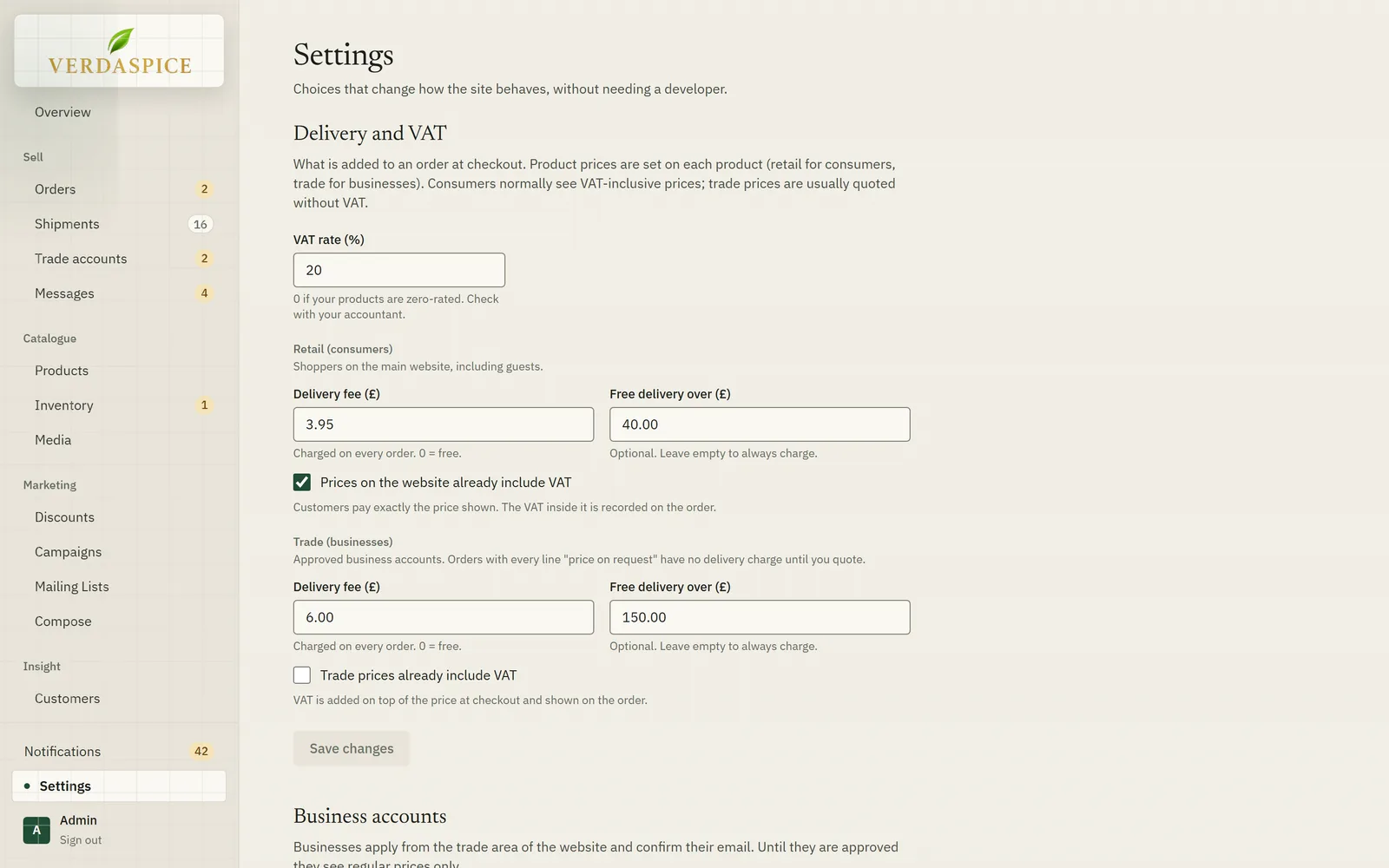 The settings page with business details, delivery fees and VAT for consumers and trade.