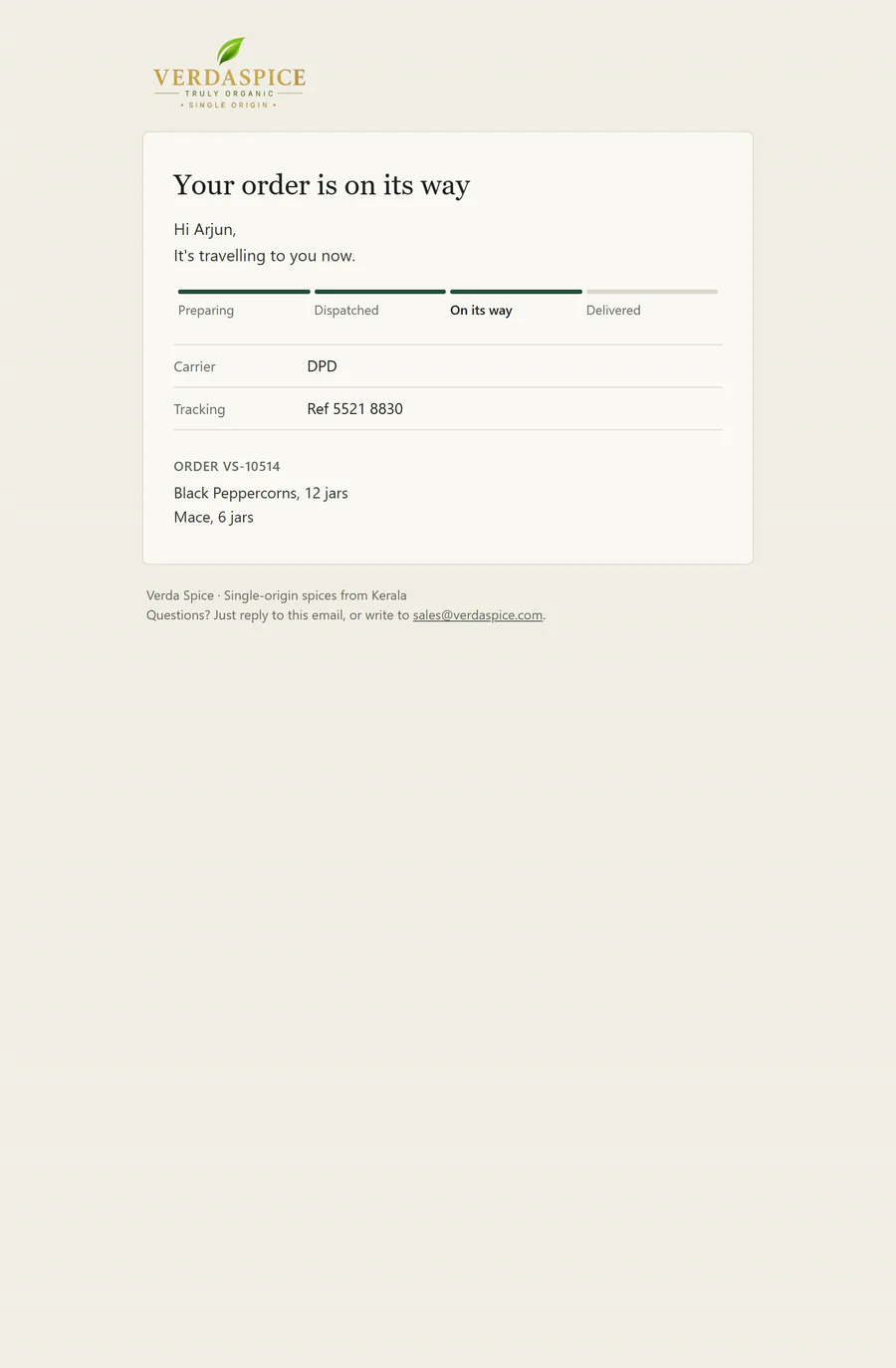 On-its-way email with the progress bar at step three.