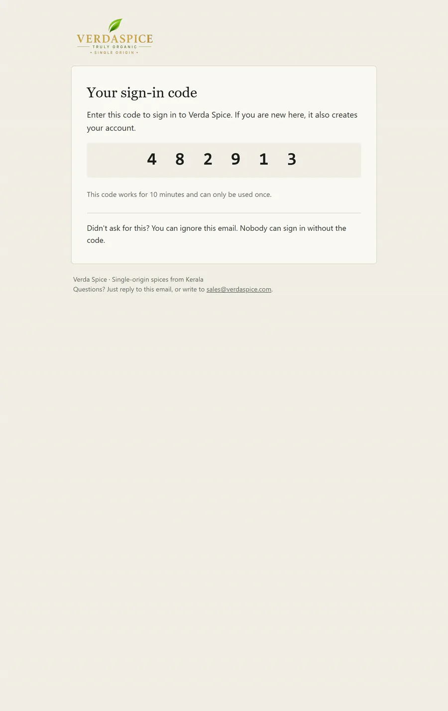 Sign-in code email showing a six-digit code.