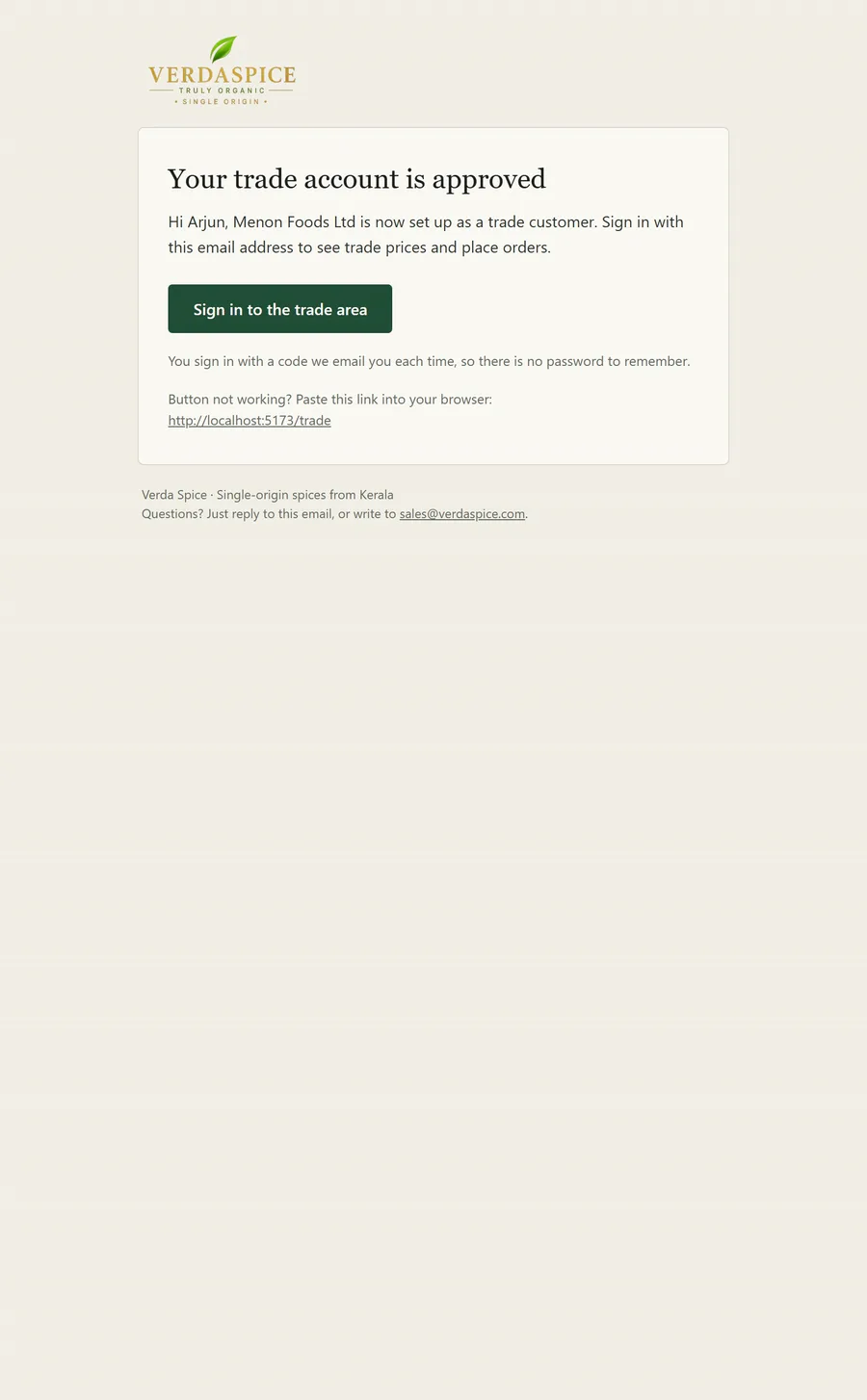 Trade account approved email with a button to sign in to the trade area.