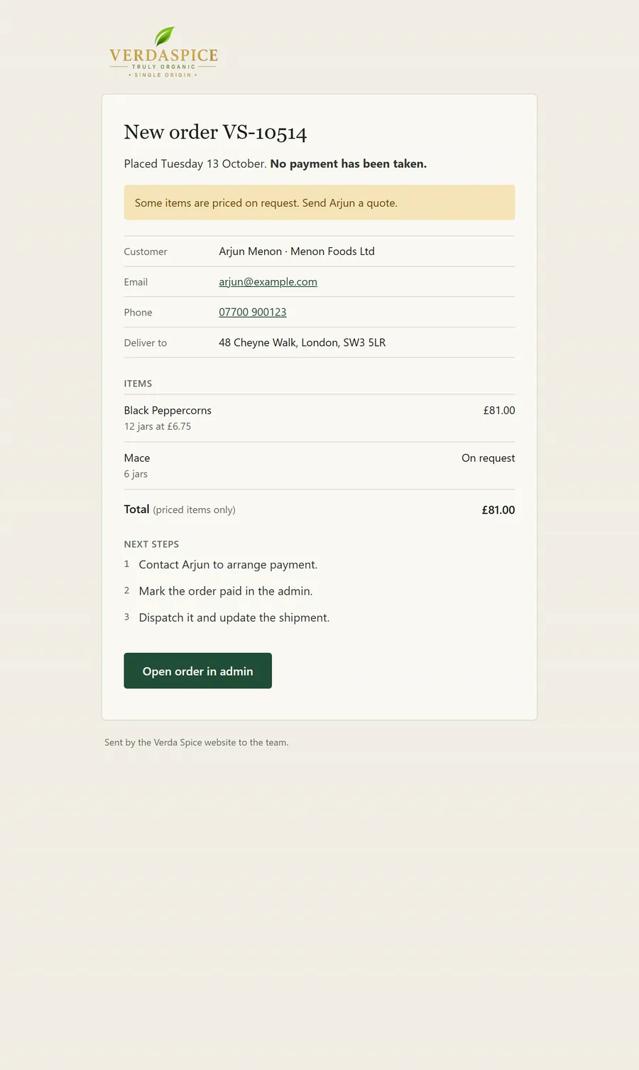 New order email for the team, with the customer’s details and an Open order in admin button.