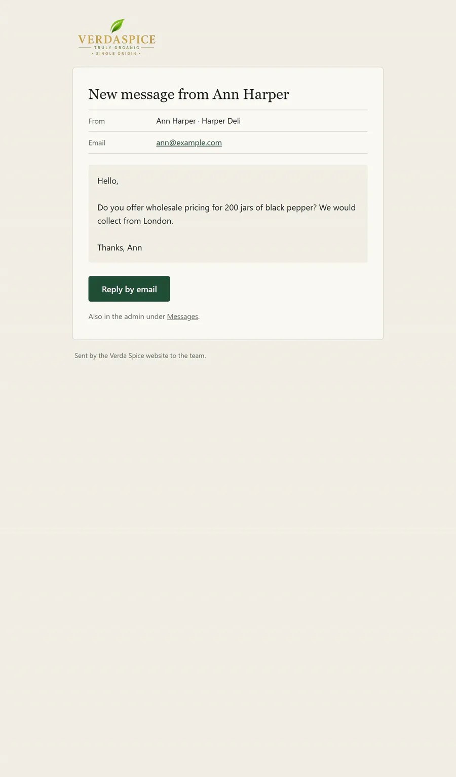 Contact message email for the team, with a Reply by email button.