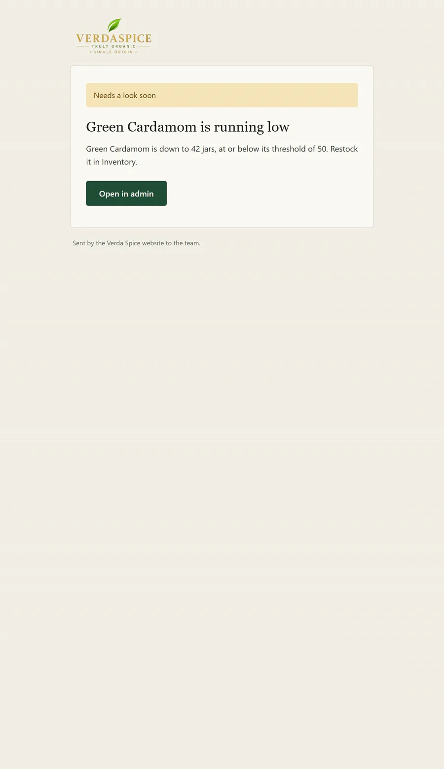 Low-stock alert email for the team, with an Open in admin button.