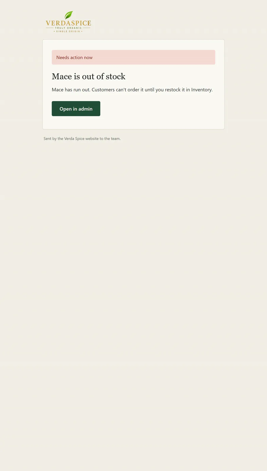Out-of-stock alert email for the team.