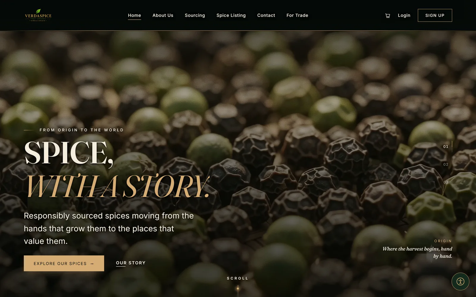 Verda Spice home page: a close-up of black and green peppercorns behind the headline “Spice, with a story.”