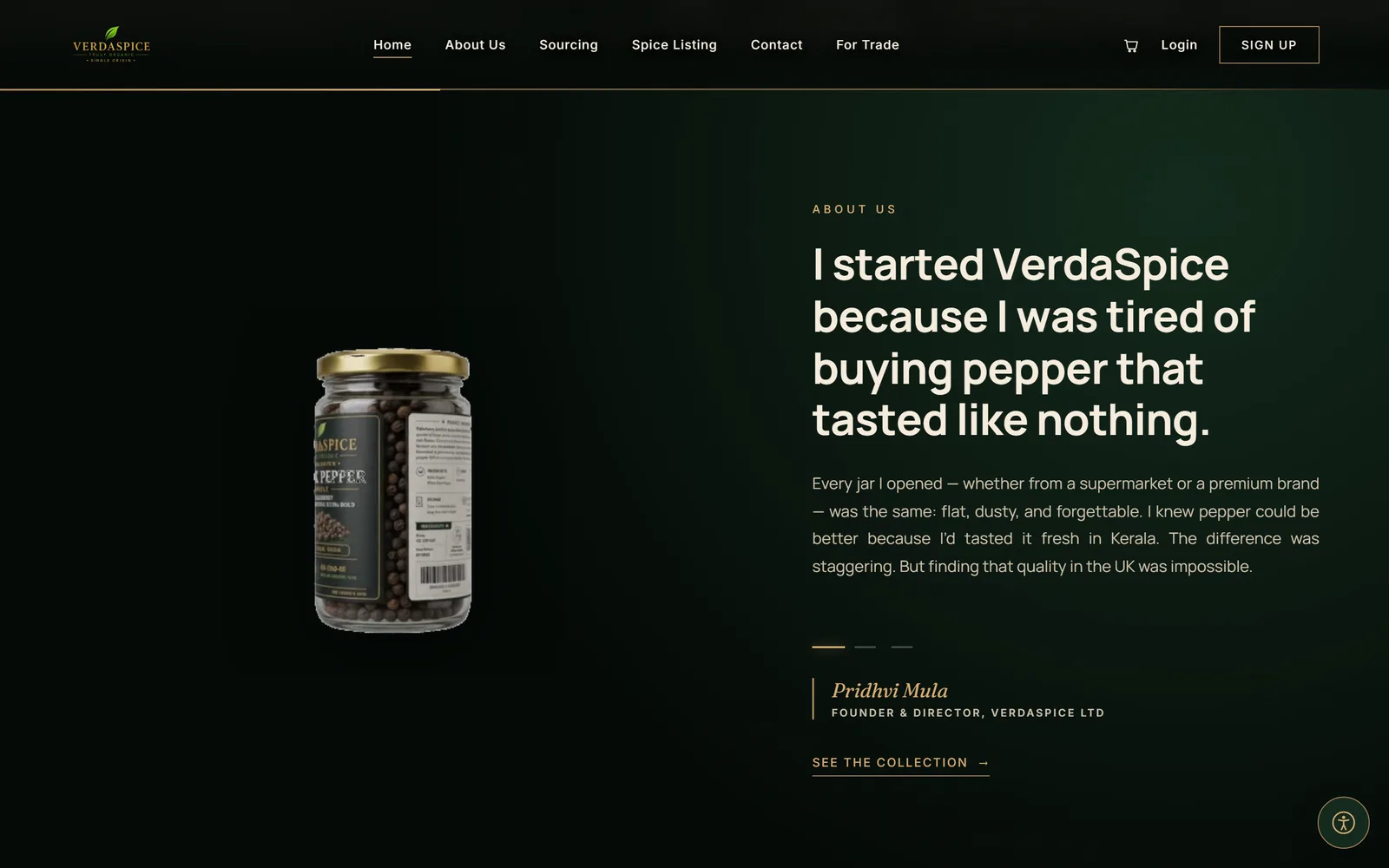 The About section: a jar of peppercorns beside the founder’s note about wanting pepper that tastes of something.
