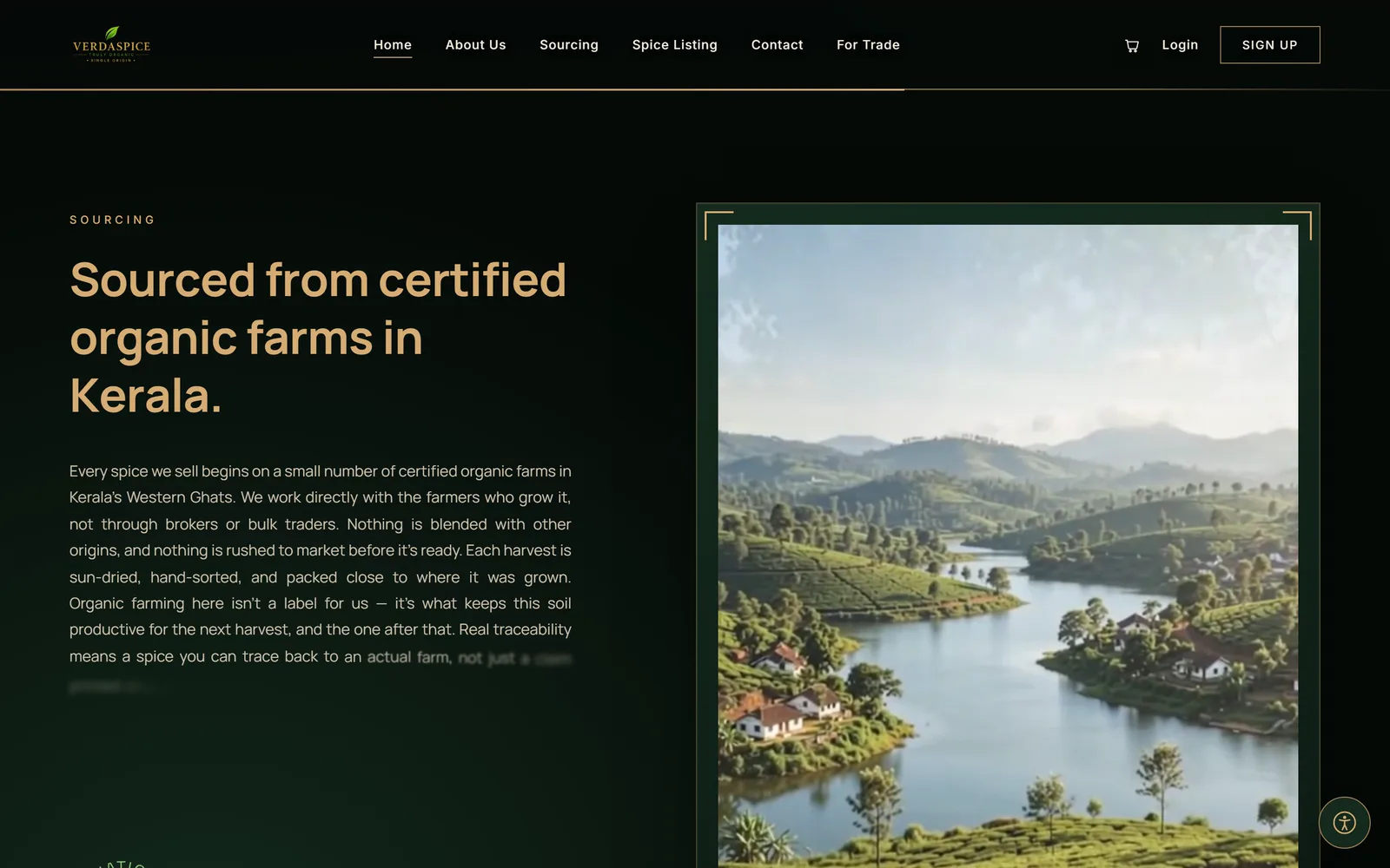 The Sourcing section: “Sourced from certified organic farms in Kerala,” beside a photograph of the Western Ghats.