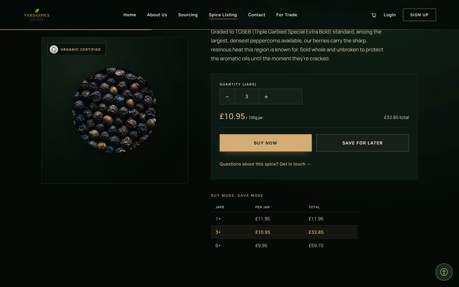 Black Peppercorns product page with a quantity picker and a table of price breaks.