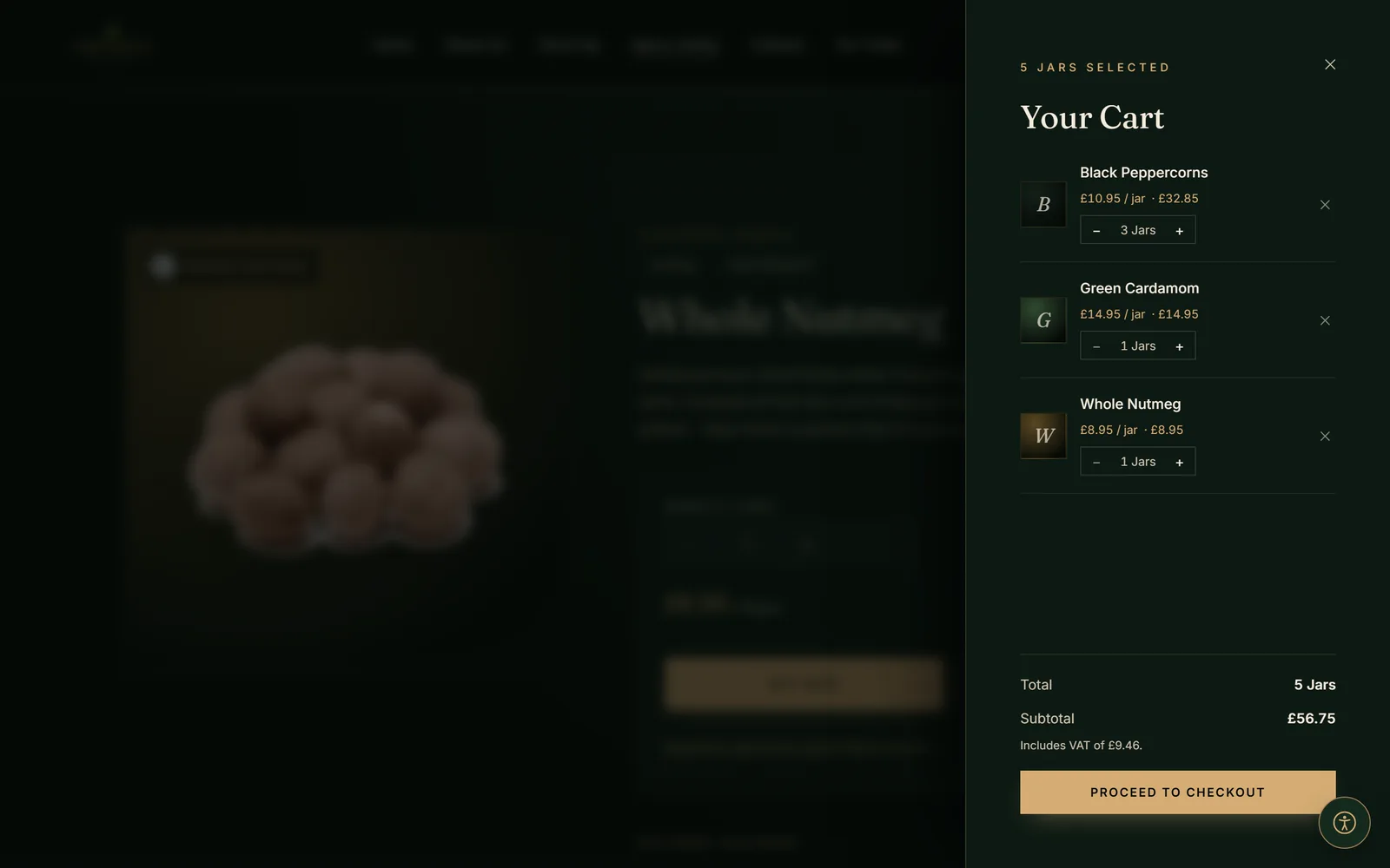 The basket drawer listing three spices, with a subtotal and a Proceed to checkout button.