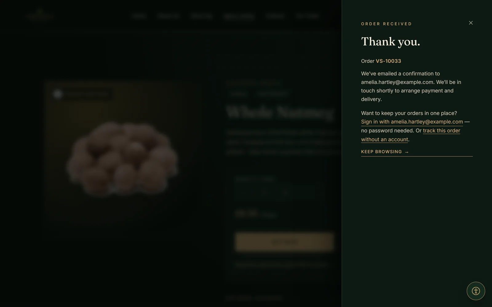 The order-received drawer: “Thank you,” with the order number and what happens next.
