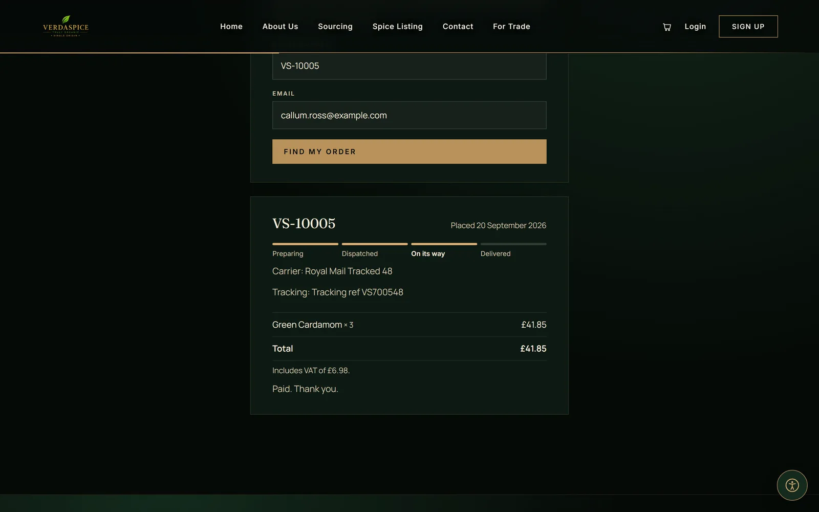 Order tracking page showing a four-step progress bar for an order that is on its way.