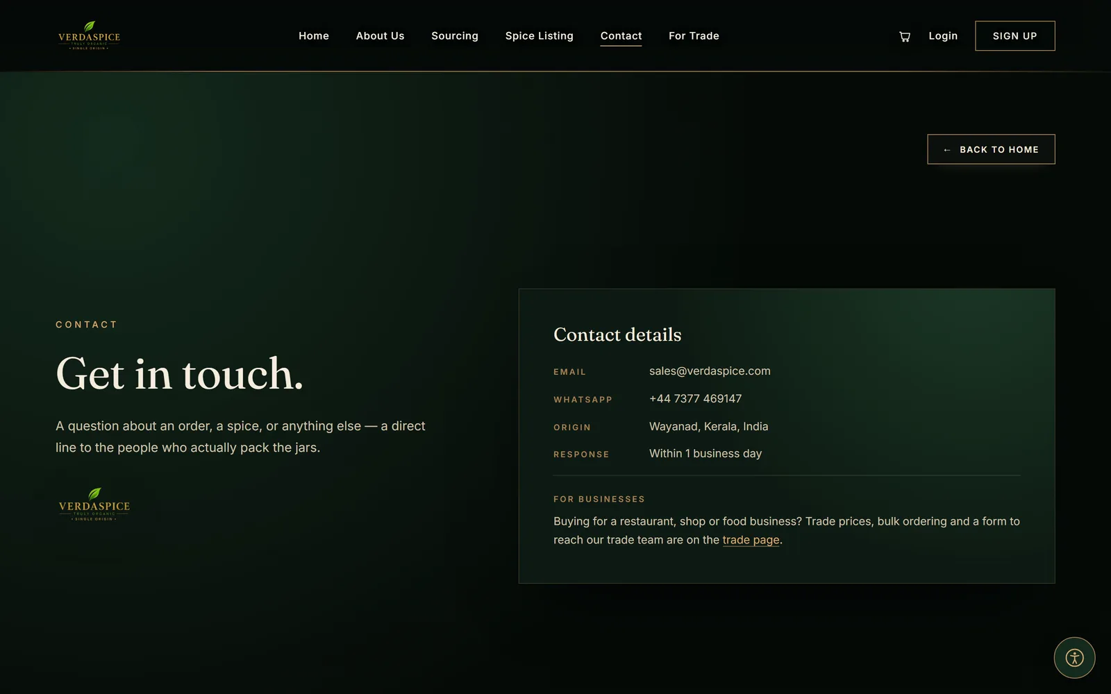 The contact page: “Get in touch,” with the team’s contact details.
