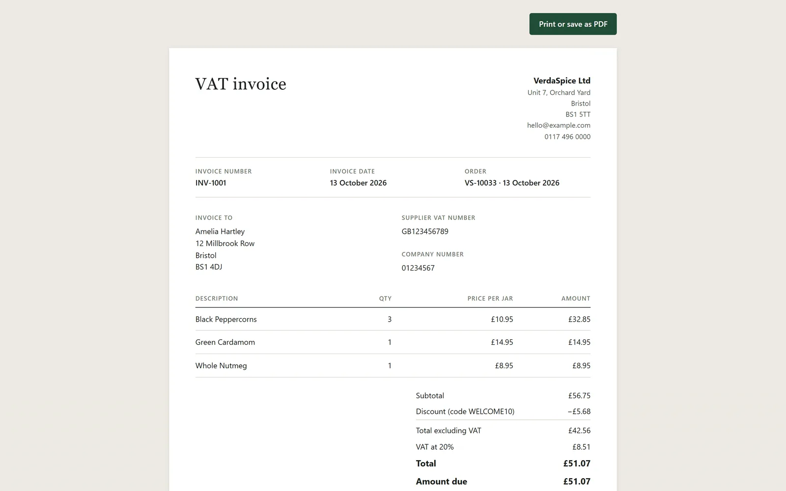 A VAT invoice showing business details, line items, VAT and the amount due.