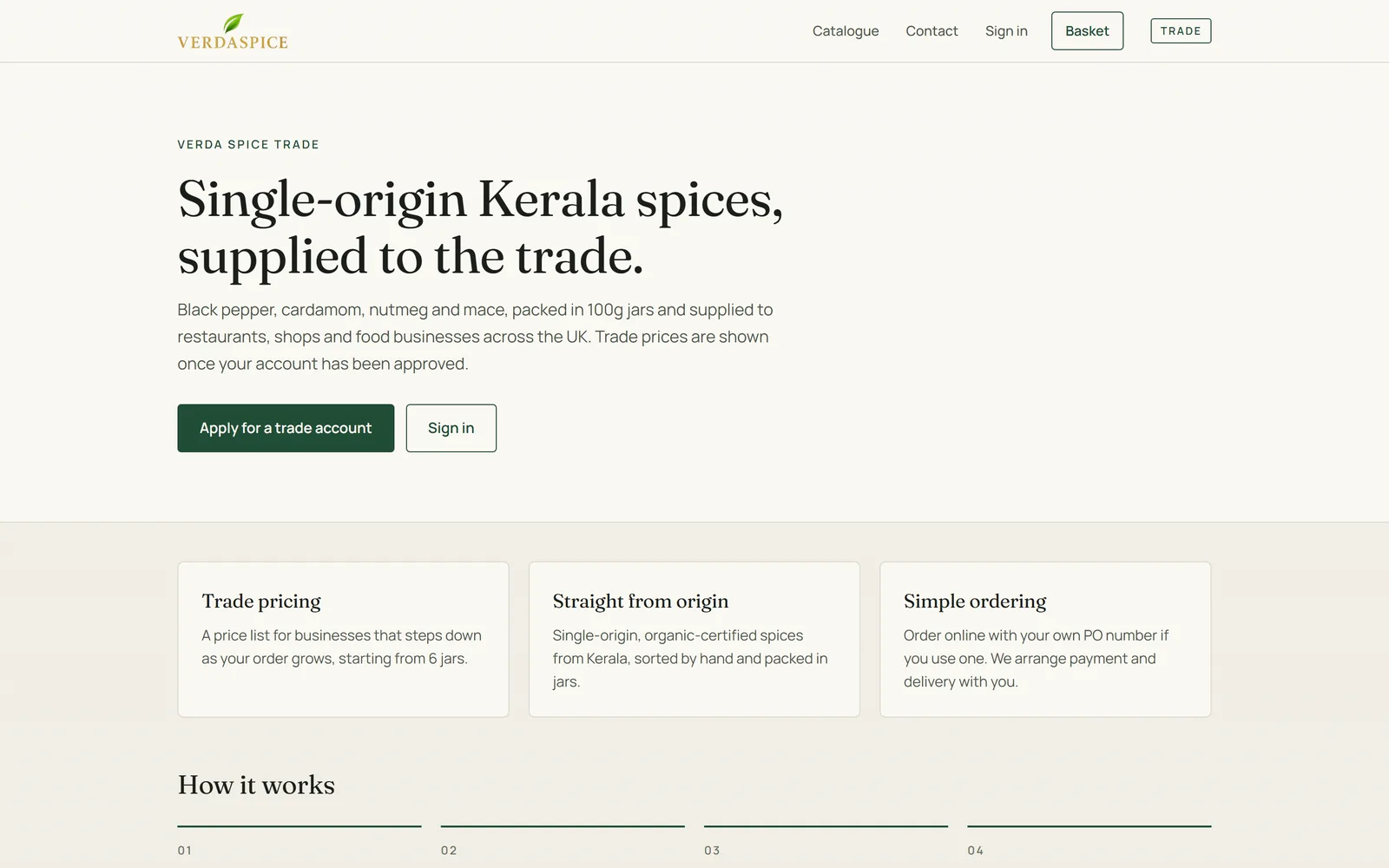 The trade area home page: “Single-origin Kerala spices, supplied to the trade,” with Apply for a trade account and Sign in buttons.