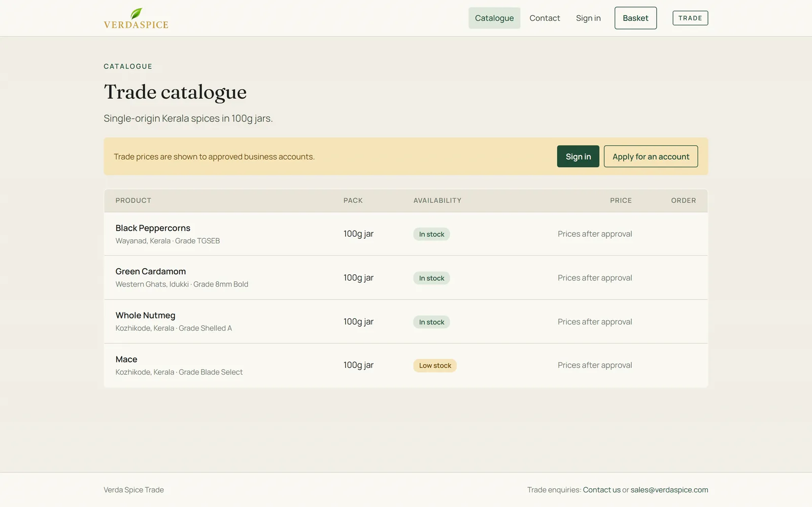 The trade catalogue for a visitor who is not signed in: products listed, prices hidden.
