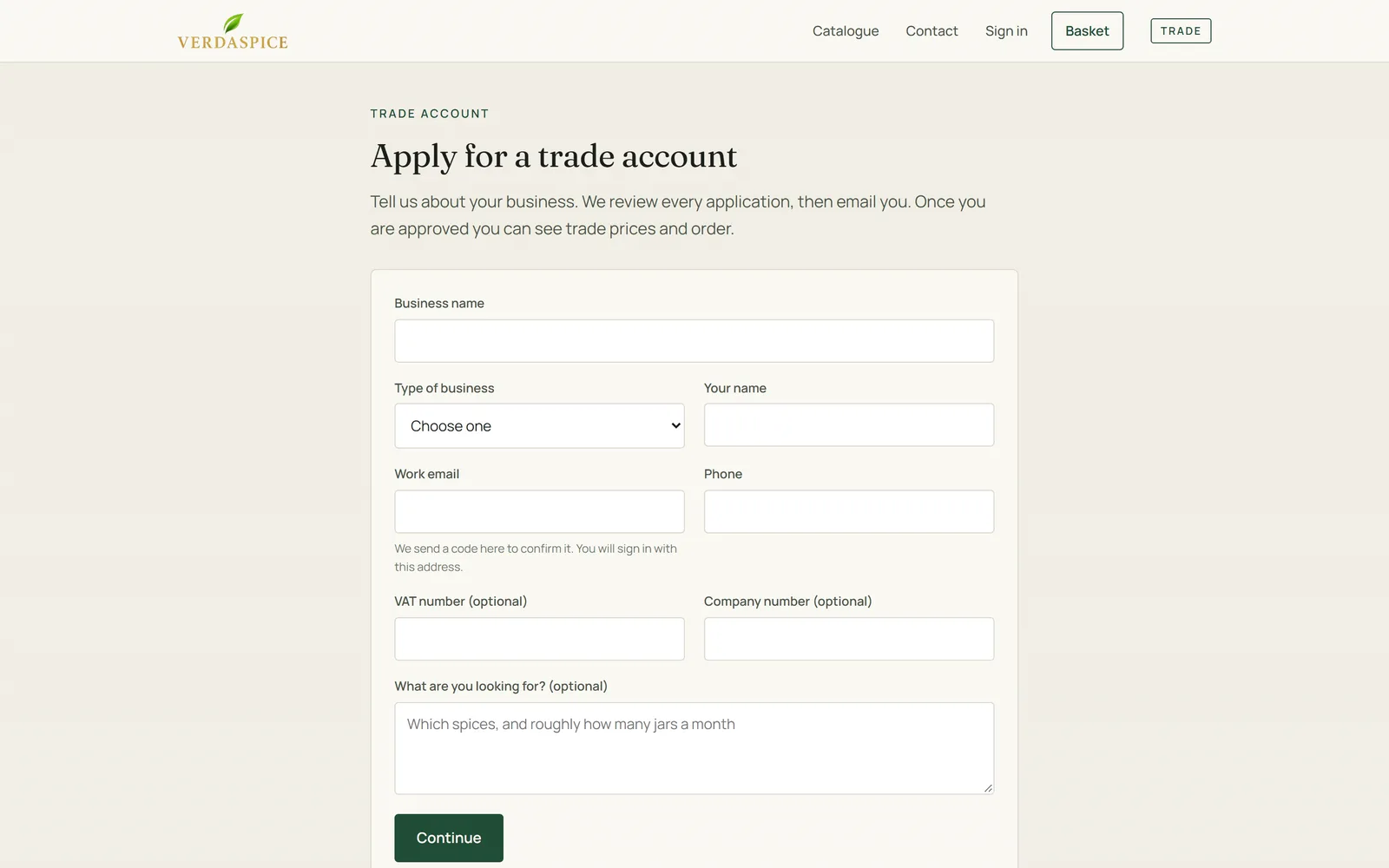 The Apply for a trade account form, asking for business, contact and VAT details.