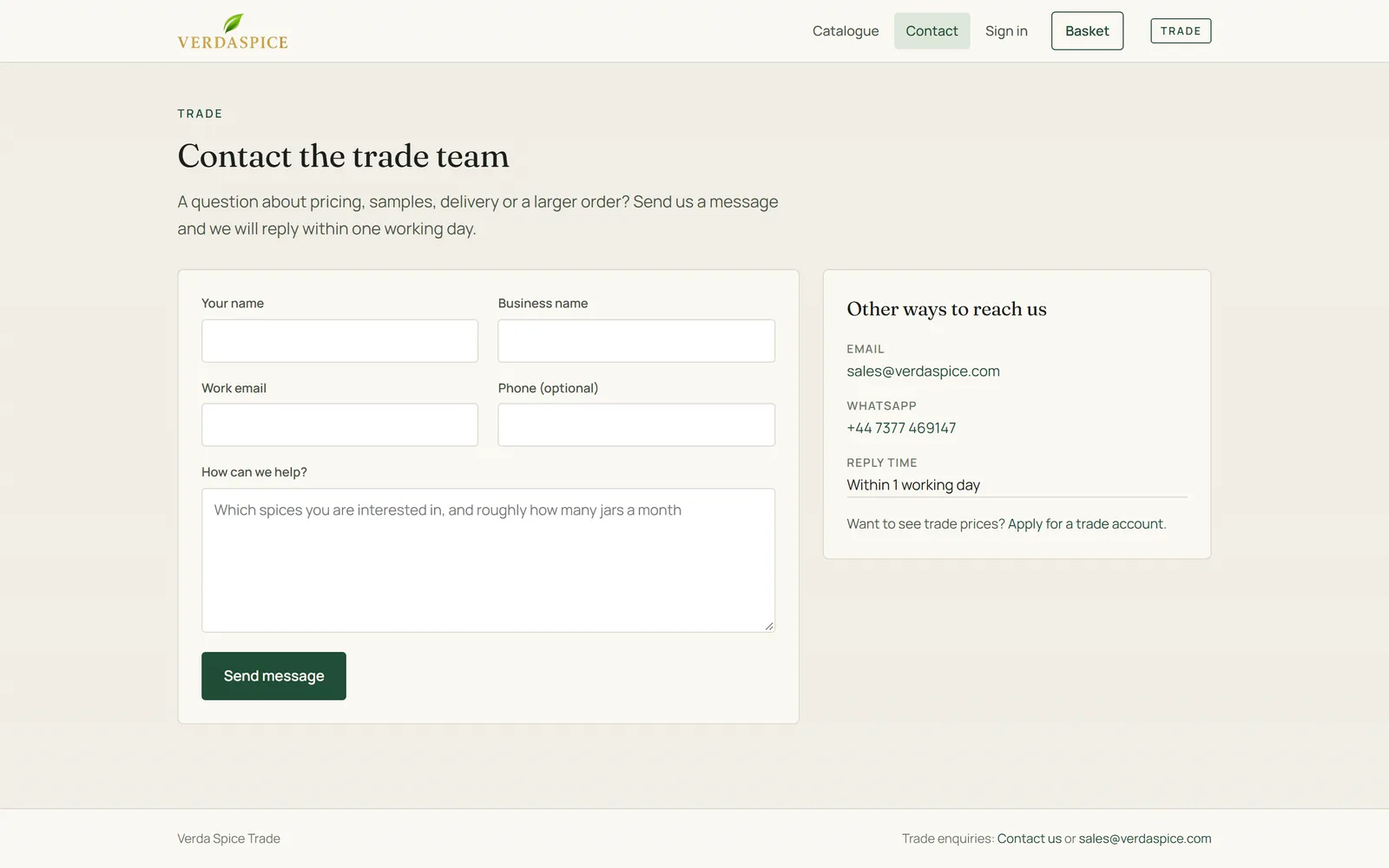 The trade contact page with a message form and other ways to reach the team.