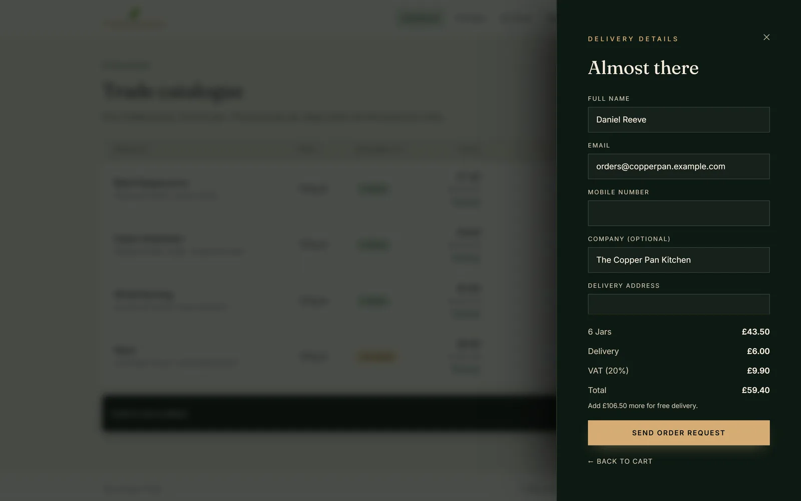The trade checkout drawer with delivery details, delivery, VAT and total, and a Send order request button.