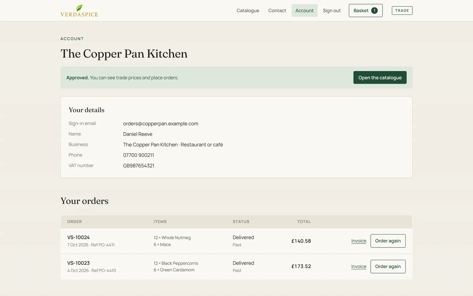 A trade account page for an approved business, with its details and past orders, each with Invoice and Order again links.